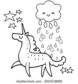 cartoon of cute unicorn is dancing in the rain (coloring book or page for adults kids) - vector illustration