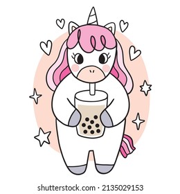 Cartoon Cute Unicorn Drink Bubble Tea Vector.