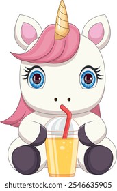 cartoon cute unicorn drinking orange juice