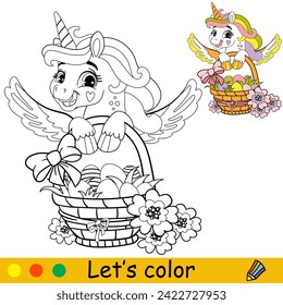 Cartoon cute unicorn with Easter basket. Kids coloring book page. Unicorn character. Black contour, white background. Vector illustration with color template. For coloring, print, design, stickers