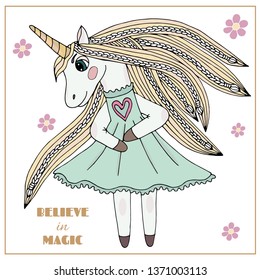 Cartoon cute Unicorn with flower for nursery print and other design. Cute pastel color Unicorn. Believe in magic Unicorn quote.
