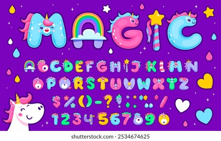 Cartoon cute unicorn font. Magic type, fairytale horse typeface alphabet letters and numbers. Fairy animal english abc characters vector font with unicorns, clouds and rainbow, magic wand and candies