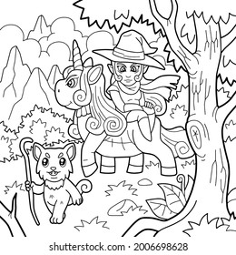 cartoon cute unicorn with friends, coloring page, outline illustration