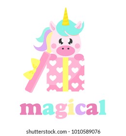 cartoon cute unicorn gift with text