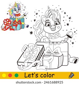 Cartoon niedliches Einhorn mit Geschenken. Malbuch für Kinder. Einhorn-Charakter. Schwarze Kontur, weißer Hintergrund. Vektorgrafik isolierte Illustration mit bunter Vorlage. Für Färbung, Druck, Design