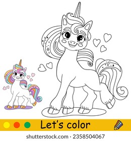 Cartoon cute unicorn with hearts. Unicorn character. Coloring book page. Black and white vector isolated illustration with colorful template for kids. For coloring book, print, game, party, design