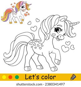 Cartoon cute unicorn and hearts. Kids coloring book page. Unicorn character. Black outline on white background. Vector isolated illustration with colorful template. For coloring, print, game, design