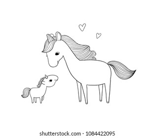 Cartoon cute unicorn and his baby. Vector illustration.