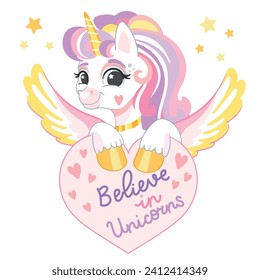 Cartoon cute unicorn holding heart with text believe in unicorns. Vector illustration in cartoon style for print, decor, kids clothes, souvenirs, stickers. Isolated character on white background