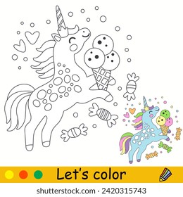 Cartoon cute unicorn with an ice cream. Kids coloring book page. Unicorn character. Black contour isolated on white. Vector illustration, colorful template. For coloring, print, design, decor, clothes