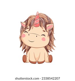 Cartoon cute unicorn in kawaii style. A happy little pony with long brown hair. Vector illustration on a white background.