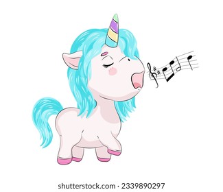 Cartoon cute unicorn in kawaii style. Singing pony. Vector illustration on a white background.