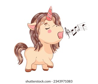 Cartoon cute unicorn in kawaii style. Singing pony. Vector illustration on a white background.