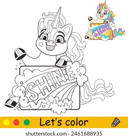 Cartoon cute unicorn with lettering shine. Kids coloring book page. Unicorn character. Black outline, white background. Vector isolated illustration with colorful template. For coloring, print, design