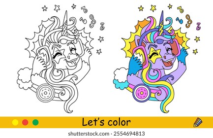 Cartoon cute unicorn listen the music. Kids coloring book page. Unicorn character. Black contour on white background with color template. Vector illustration. For coloring, print, design, stickers