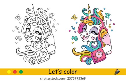 Cartoon cute unicorn listen the music. Kids coloring book page. Unicorn character. Black contour on white background with color template. Vector illustration. For coloring, print, design, stickers