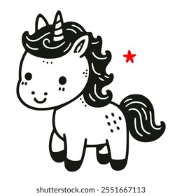 cartoon cute unicorn myth legend animal doodle hand drawn vector illustration template design