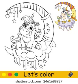 Dibujos animados lindo unicornio en la media luna. Página de libro para colorear para niños. Carácter unicornio. Contorno negro sobre fondo blanco. Ilustración aislada de Vector con Plantilla colorida. Para colorear, imprimir, diseñar