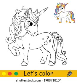 Cartoon cute unicorn with a pendant around her neck and rainbow mane. Coloring book page with colorful template for kids. Vector isolated illustration. For coloring book, print, game, party, design