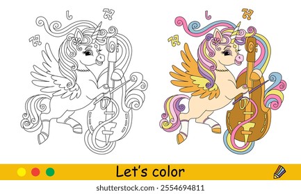 Cartoon cute unicorn plays the double bass. Kids coloring book page. Unicorn character. Black contour on white background with color template. Vector illustration. For coloring, print, design,stickers