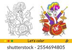 Cartoon cute unicorn plays the drums. Kids coloring book page. Unicorn character. Black contour on white background with color template. Vector illustration. For coloring, print, design, stickers