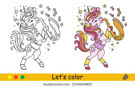 Cartoon cute unicorn plays the saxophone. Kids coloring book page. Unicorn character. Black contour on white background with color template. Vector illustration. For coloring, print, design, stickers