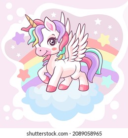 Cartoon cute unicorn posing on clouds isolated on rainbow background 