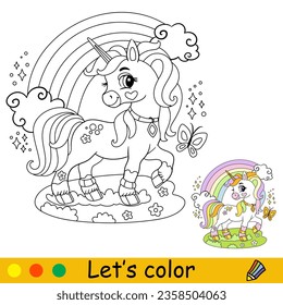 Cartoon cute unicorn with rainbow. Coloring book page. Unicorn character. Black and white vector isolated illustration with colorful template for kids. For coloring book, print, game, party, design