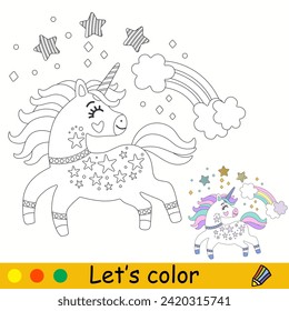 Cartoon cute unicorn with rainbow and stars. Kids coloring book page. Unicorn character. Black contour isolated on white. Vector illustration, colorful template. For coloring, print, design, clothes