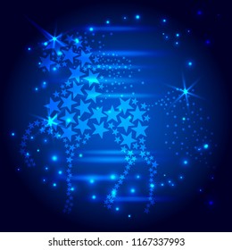 cartoon cute unicorn. riding night sky star. Creative decoration magical backdrop shining cosmos space horn fairy myth moon light fantasy background vector illustration