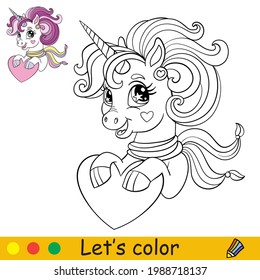 Caricatura lindo unicornio con una bufanda sostiene un corazón en su página de libros de colorido con una plantilla colorida para los niños. Ilustración aislada del vector. Para colorear libros, impresiones, juegos, fiestas, diseño, decoración