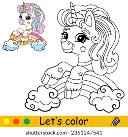 Cartoon cute unicorn sitting on the rainbow. Coloring book page. Unicorn character. Black and white vector isolated illustration with colorful template for kids. For coloring book, print, game, design