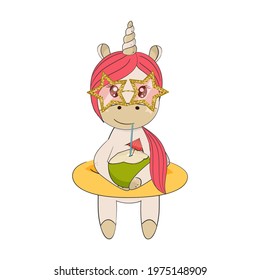 Cartoon cute unicorn in sunglasses and rubber ring. Vector illustration.