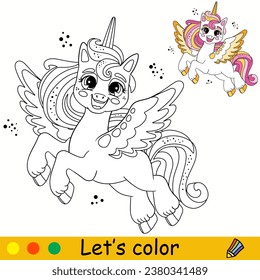 Caricatura lindo unicornio con alas. Página del libro de colorear para niños. Carácter unicornio. Borde negro sobre fondo blanco. Ilustración vectorial aislada con plantilla colorida. Para colorear, imprimir, jugar, diseñar