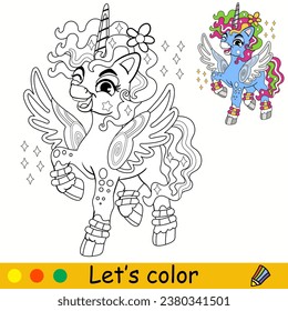 Cartoon cute unicorn with wings. Kids coloring book page. Unicorn character. Black outline on white background. Vector isolated illustration with colorful template. For coloring, print, game, design