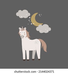 Cartoon cute unicorn witn moon and stars. Magic horn in sky vector illustration. Childish poster with fairytale animal, invitation, postcard, cloth print