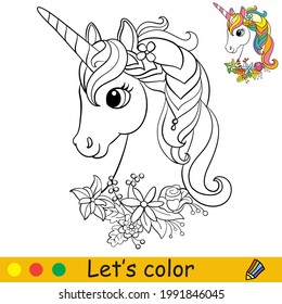 Cartoon cute unicorn with a wreath of flowers around neck. Coloring book page with colorful template for kids. Vector isolated illustration. For coloring book, print, game, party, design, decor