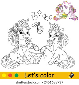 Cartoon cute unicorns and drum. Kids coloring book page. Unicorn character. Black contour on a white background. Vector isolated illustration with color template. For coloring, print, design, stickers