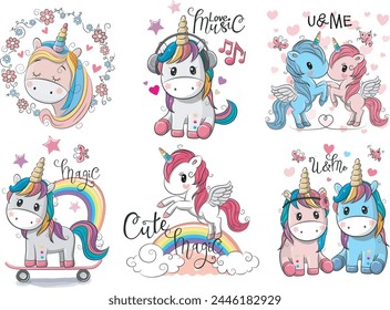 Cartoon cute unicorns Set vectors design 