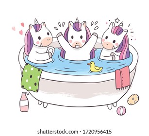 Dibujo adorables unicornios lavándose en vectores de bañera.