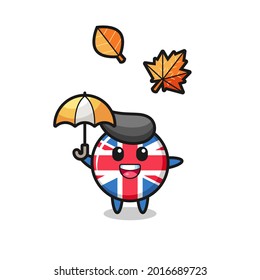 cartoon of the cute united kingdom flag badge holding an umbrella in autumn , cute style design for t shirt, sticker, logo element