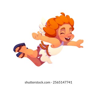 Cartoon cute valentine cherub and angel joyful character with orange curls and white wings, flying with arms outstretched and a wide smile, exudes happiness, love, freedom and playful holiday energy