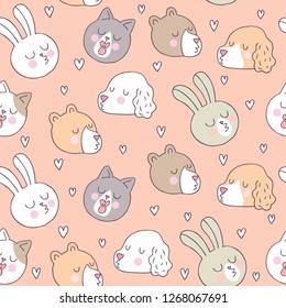 Cartoon cute Valentines day animals and kiss seamless pattern vector.