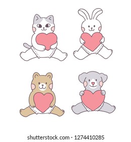 Cartoon cute Valentines day baby animals and love vector.