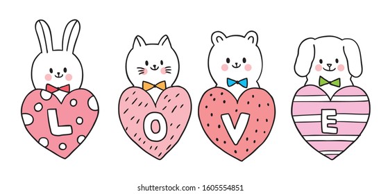Cartoon cute Valentines day  cat and dog and rabbit and bear and big hearts vector.