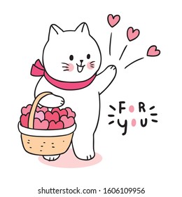 Cartoon cute Valentines day  cat and hearts in basket vector.