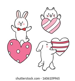 Cartoon cute Valentines day  cat and dog and rabbit and big heart vector.