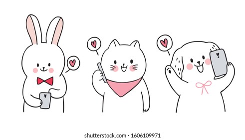 Cartoon cute Valentines day  cat and dog and rabbit and love mobile vector.