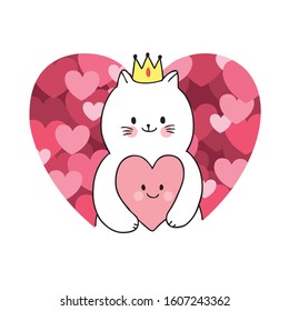 Cartoon cute Valentines day  cat and hearts  vector.