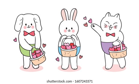 Cartoon cute Valentines day  cat and dog and rabbit and hearts in basket vector.